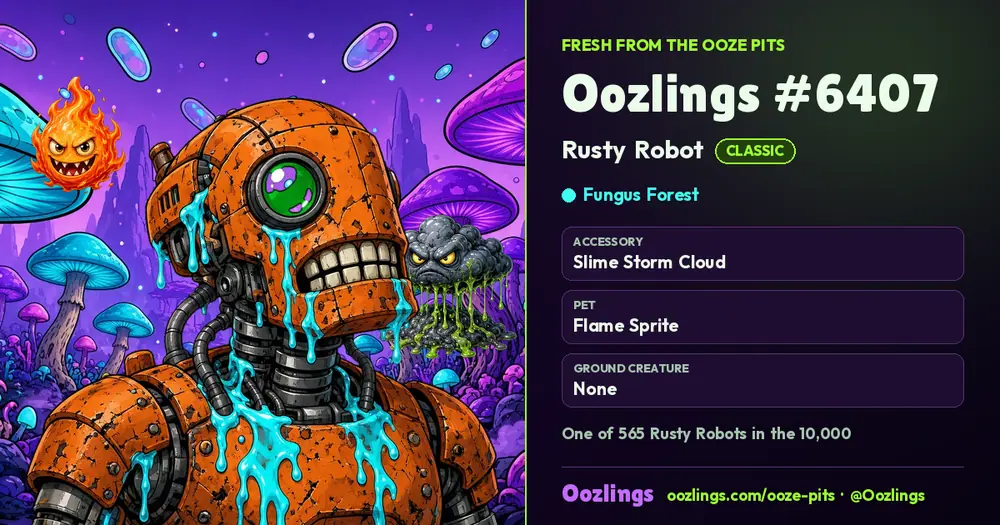 Oozlings #6407, a Classic Rusty Robot in Fungus Forest