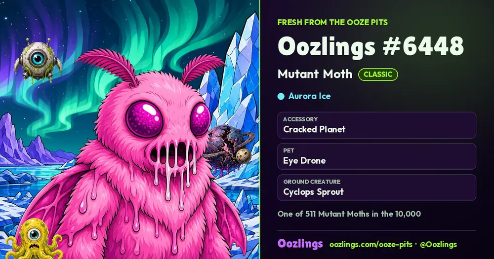 Oozlings #6448, a Classic Mutant Moth in Aurora Ice