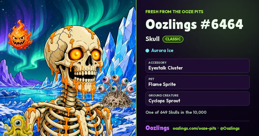 Oozlings #6464, a Classic Skull in Aurora Ice