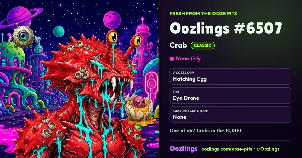Oozlings #6507, a Classic Crab in Neon City