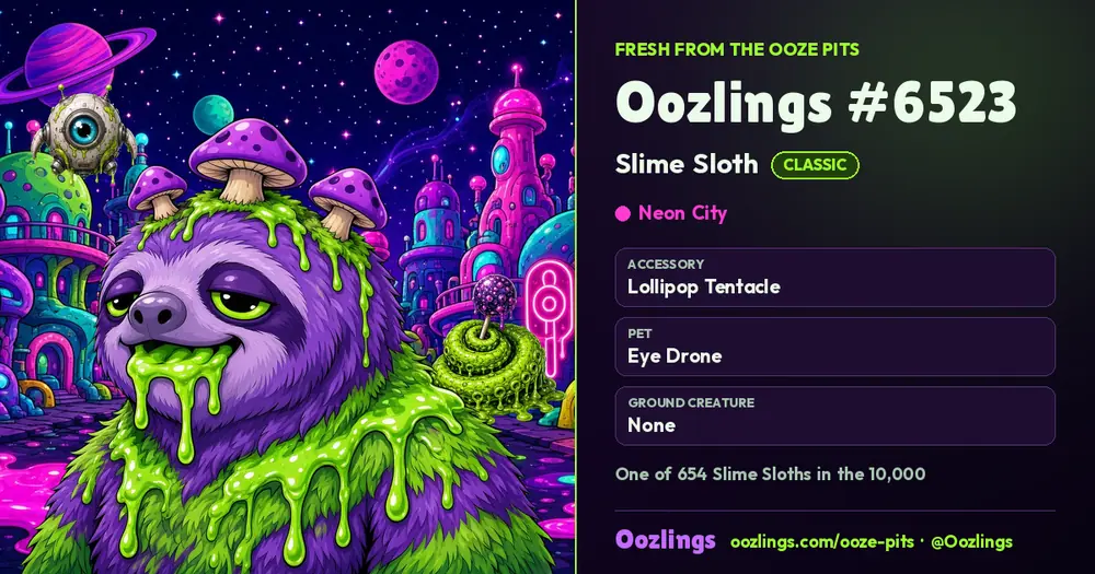 Oozlings #6523, a Classic Slime Sloth in Neon City