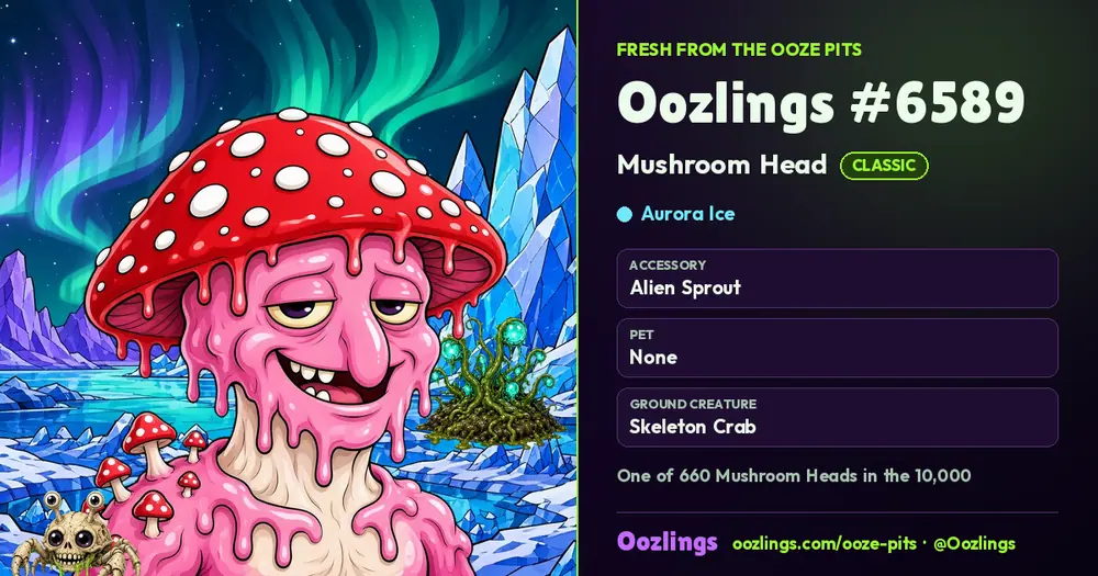 Oozlings #6589, a Classic Mushroom Head in Aurora Ice