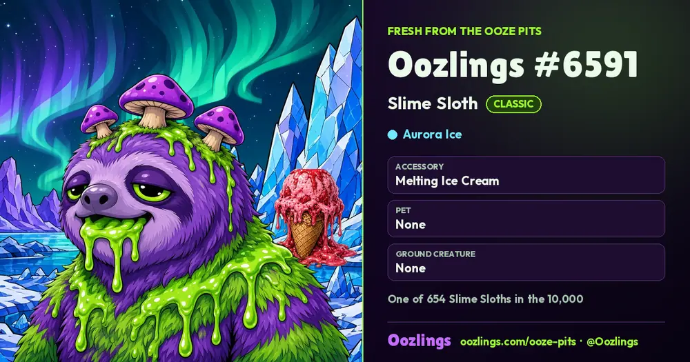 Oozlings #6591, a Classic Slime Sloth in Aurora Ice