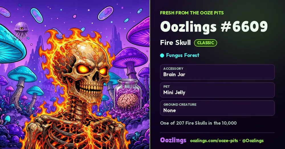 Oozlings #6609, a Classic Fire Skull in Fungus Forest