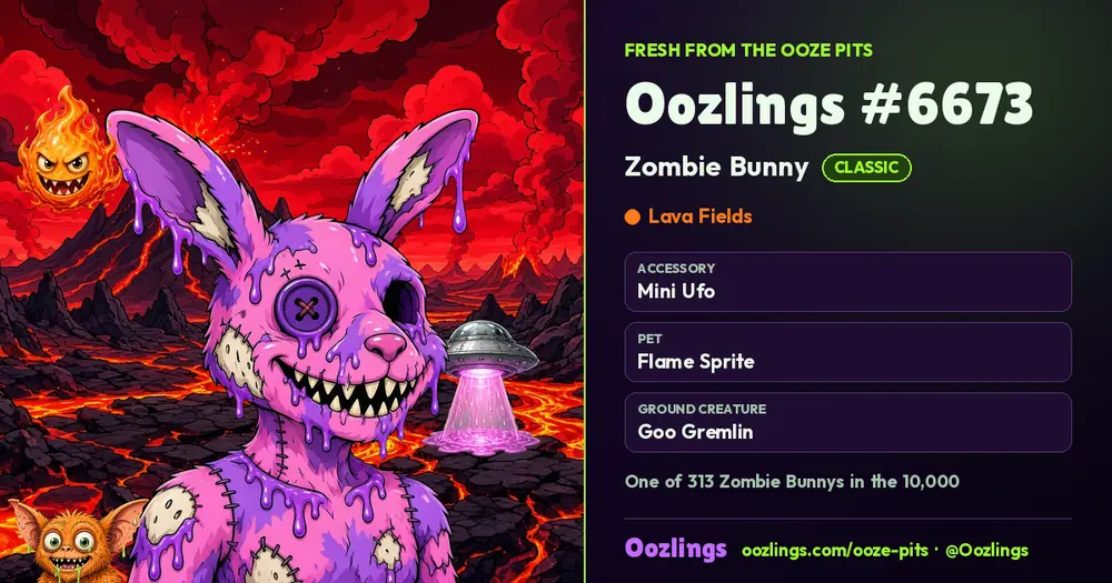 Oozlings #6673, a Classic Zombie Bunny in Lava Fields