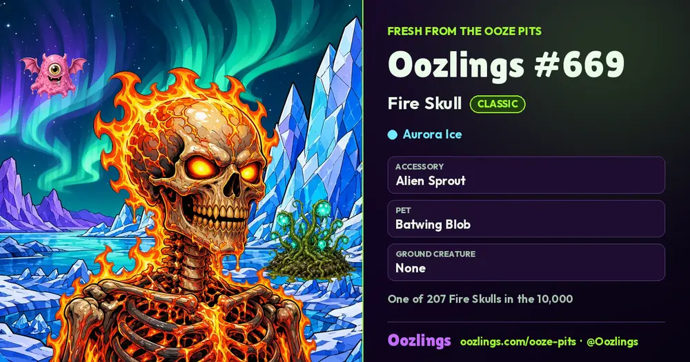 Oozlings #669, a Classic Fire Skull in Aurora Ice