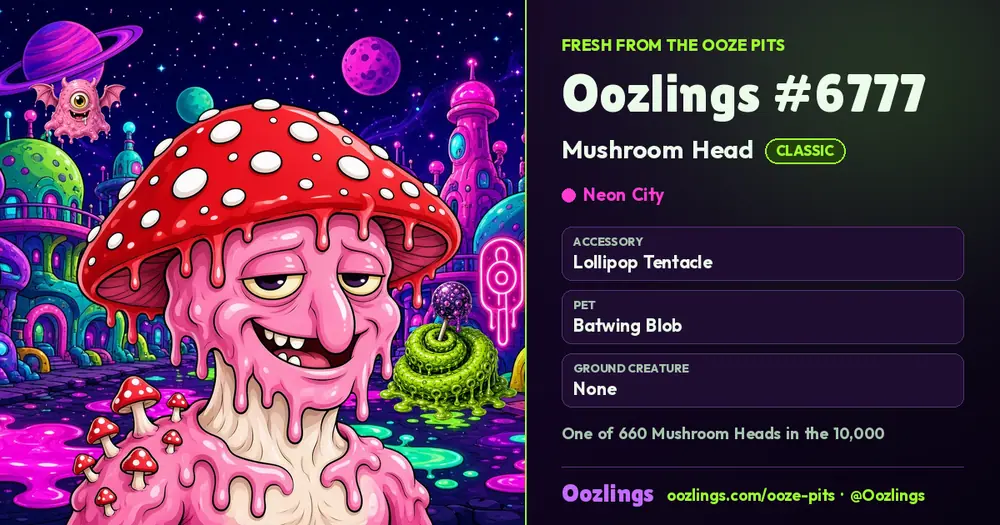 Oozlings #6777, a Classic Mushroom Head in Neon City