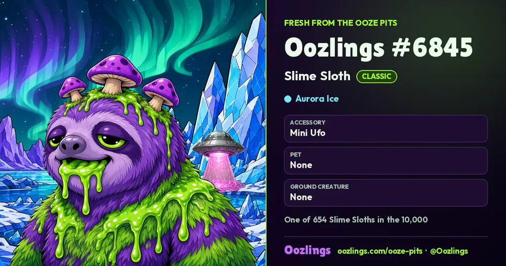 Oozlings #6845, a Classic Slime Sloth in Aurora Ice