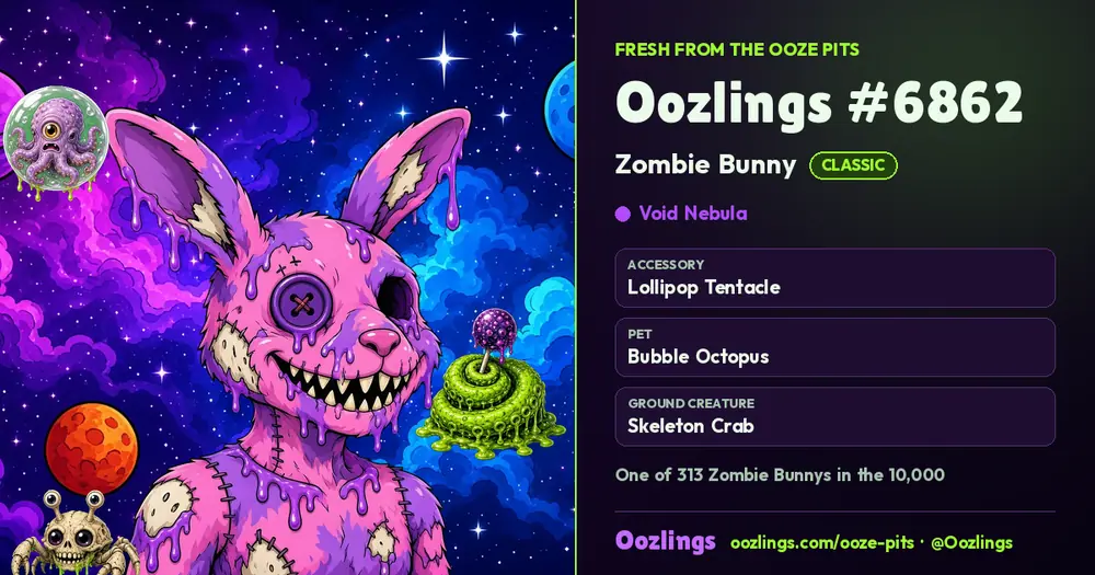 Oozlings #6862, a Classic Zombie Bunny in Void Nebula