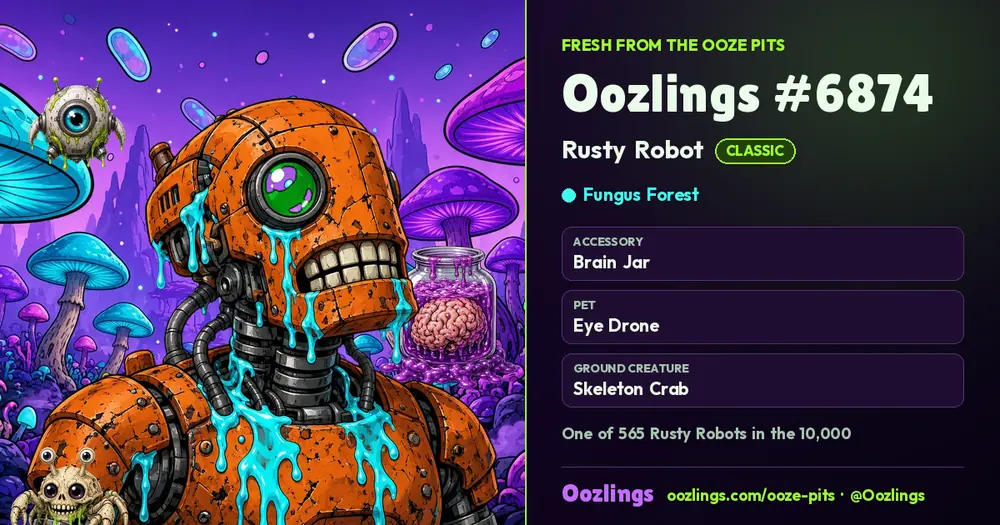 Oozlings #6874, a Classic Rusty Robot in Fungus Forest