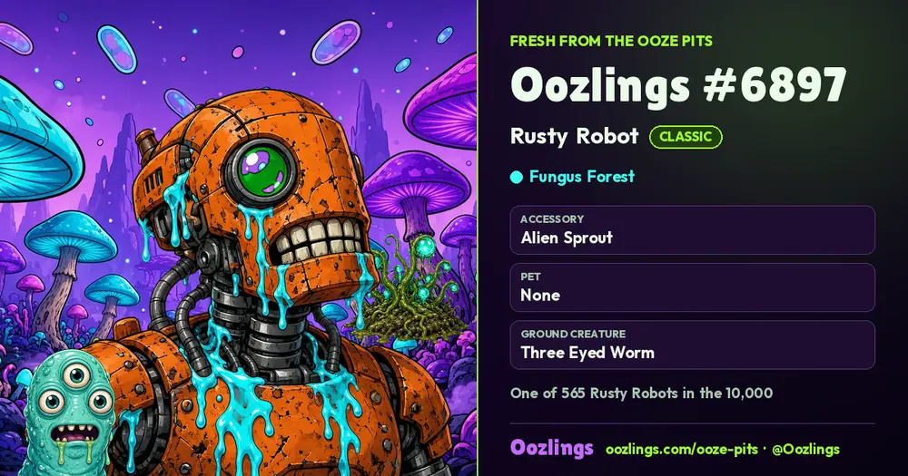 Oozlings #6897, a Classic Rusty Robot in Fungus Forest