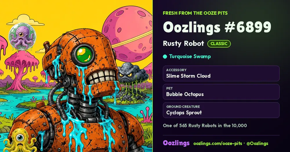 Oozlings #6899, a Classic Rusty Robot in Turquoise Swamp