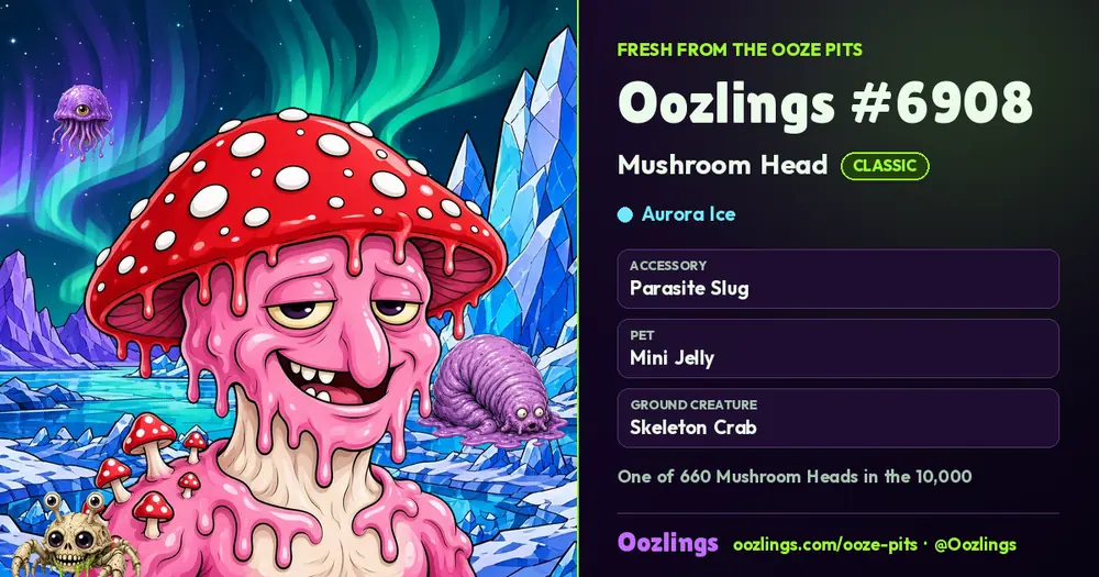 Oozlings #6908, a Classic Mushroom Head in Aurora Ice
