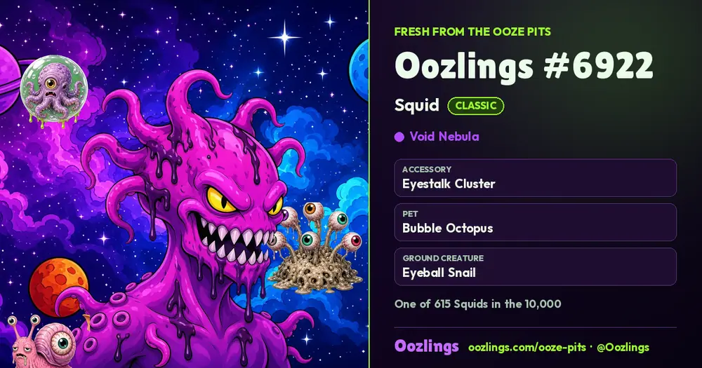 Oozlings #6922, a Classic Squid in Void Nebula