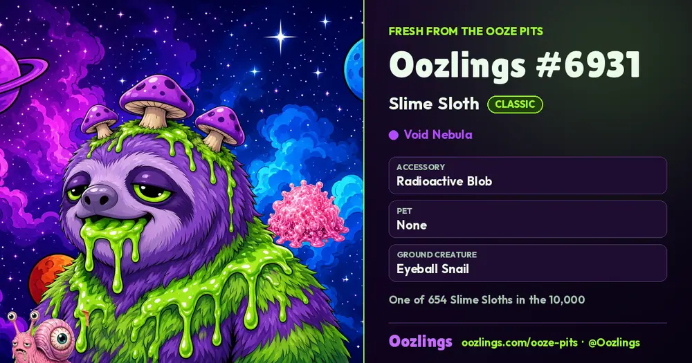 Oozlings #6931, a Classic Slime Sloth in Void Nebula