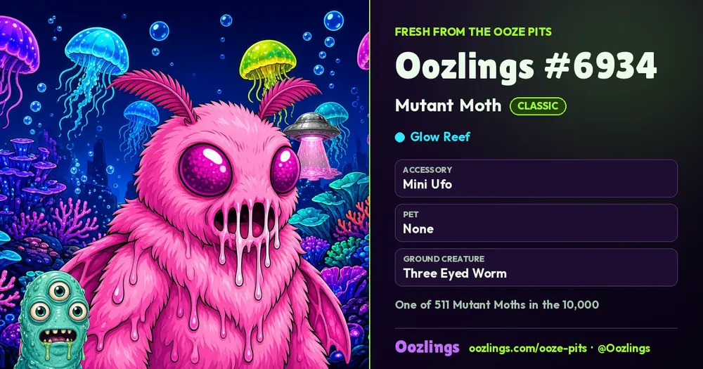 Oozlings #6934, a Classic Mutant Moth in Glow Reef