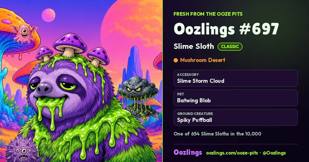 Oozlings #697, a Classic Slime Sloth in Mushroom Desert