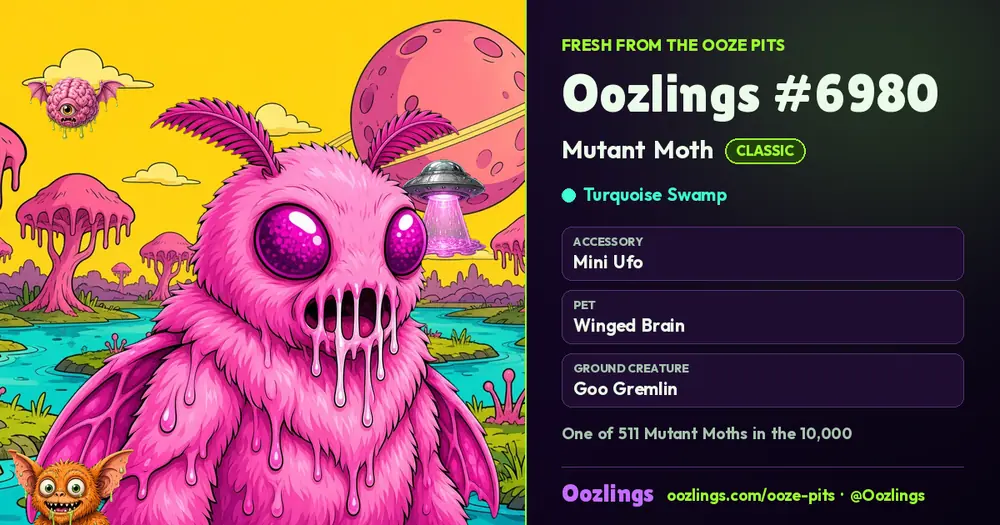 Oozlings #6980, a Classic Mutant Moth in Turquoise Swamp