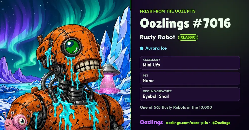 Oozlings #7016, a Classic Rusty Robot in Aurora Ice