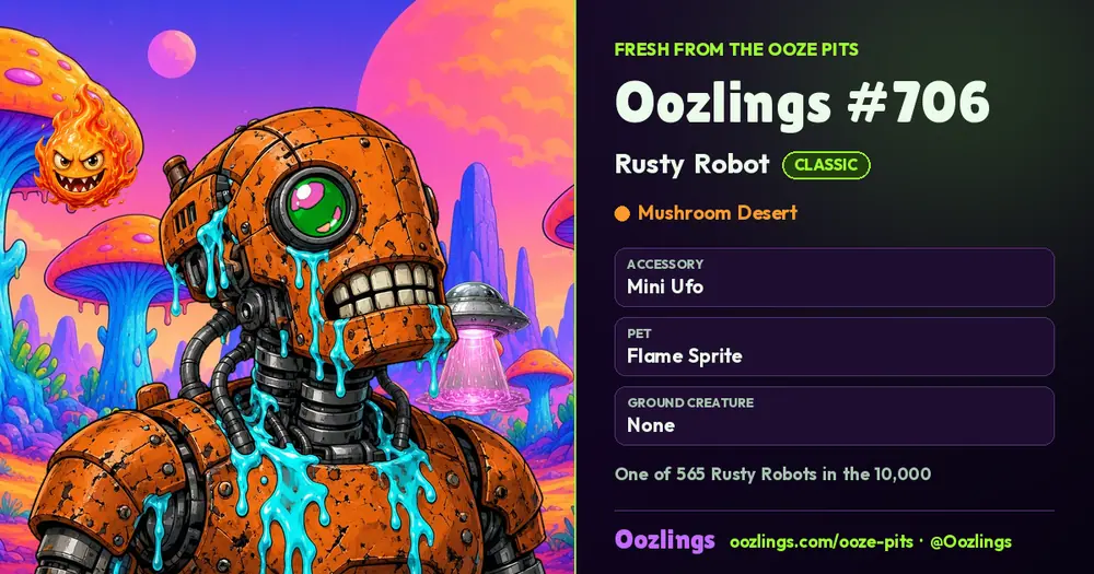 Oozlings #706, a Classic Rusty Robot in Mushroom Desert
