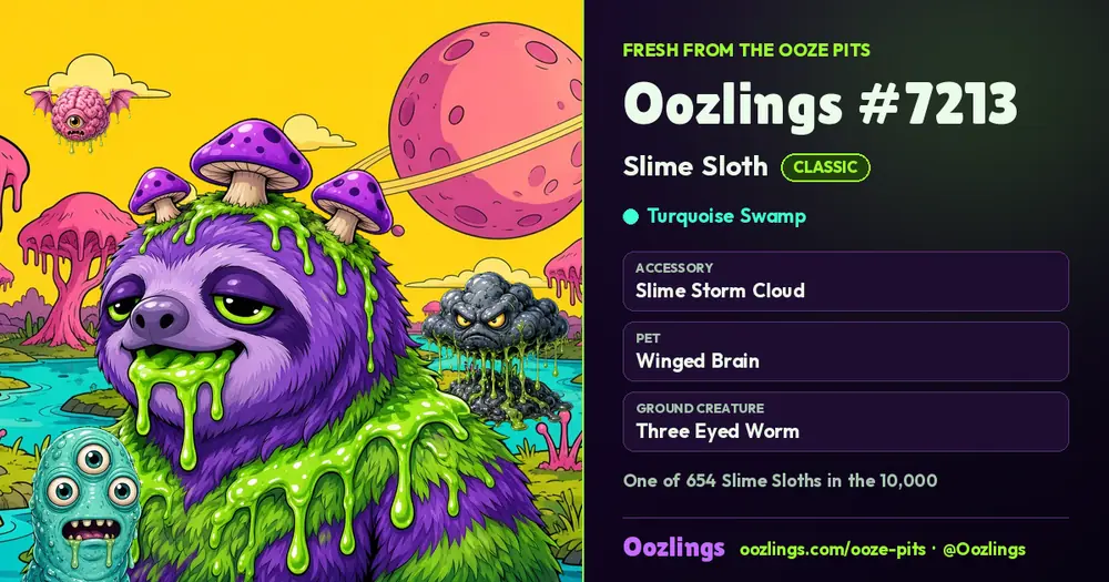 Oozlings #7213, a Classic Slime Sloth in Turquoise Swamp