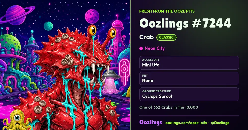 Oozlings #7244, a Classic Crab in Neon City