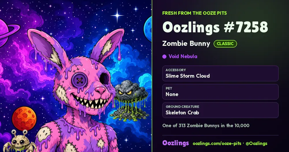 Oozlings #7258, a Classic Zombie Bunny in Void Nebula
