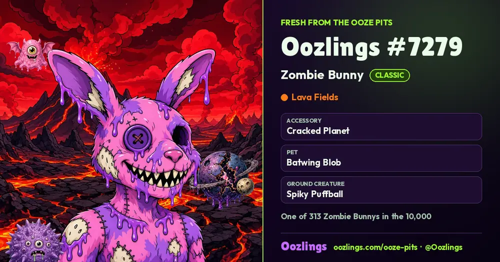 Oozlings #7279, a Classic Zombie Bunny in Lava Fields