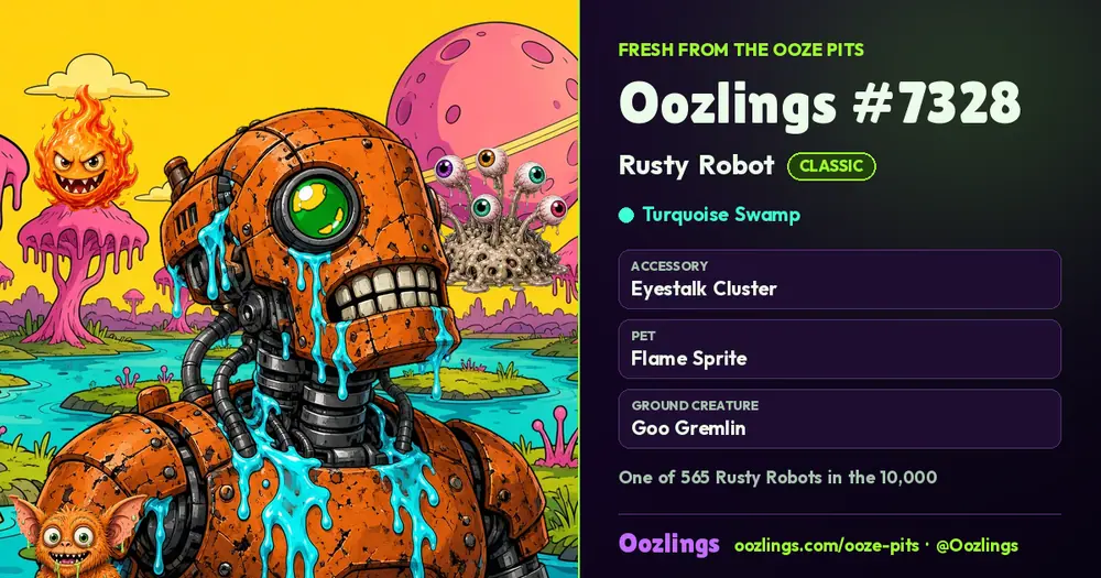 Oozlings #7328, a Classic Rusty Robot in Turquoise Swamp