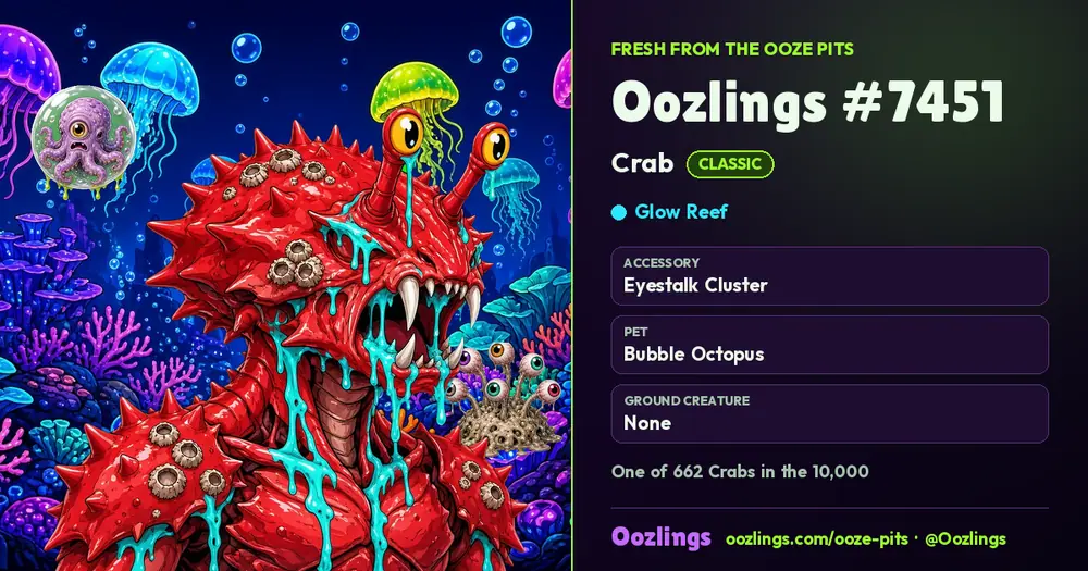 Oozlings #7451, a Classic Crab in Glow Reef