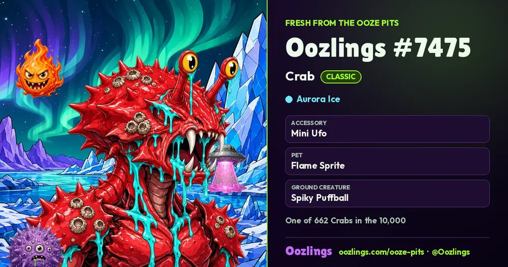 Oozlings #7475, a Classic Crab in Aurora Ice