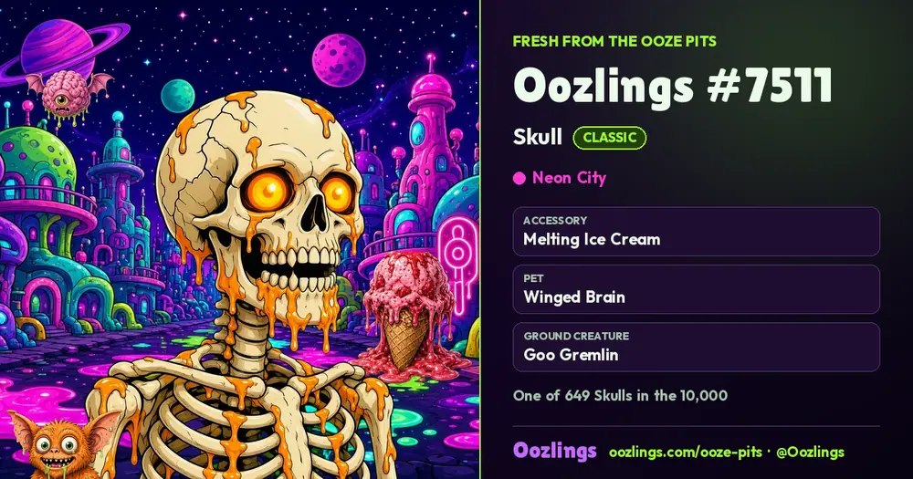 Oozlings #7511, a Classic Skull in Neon City