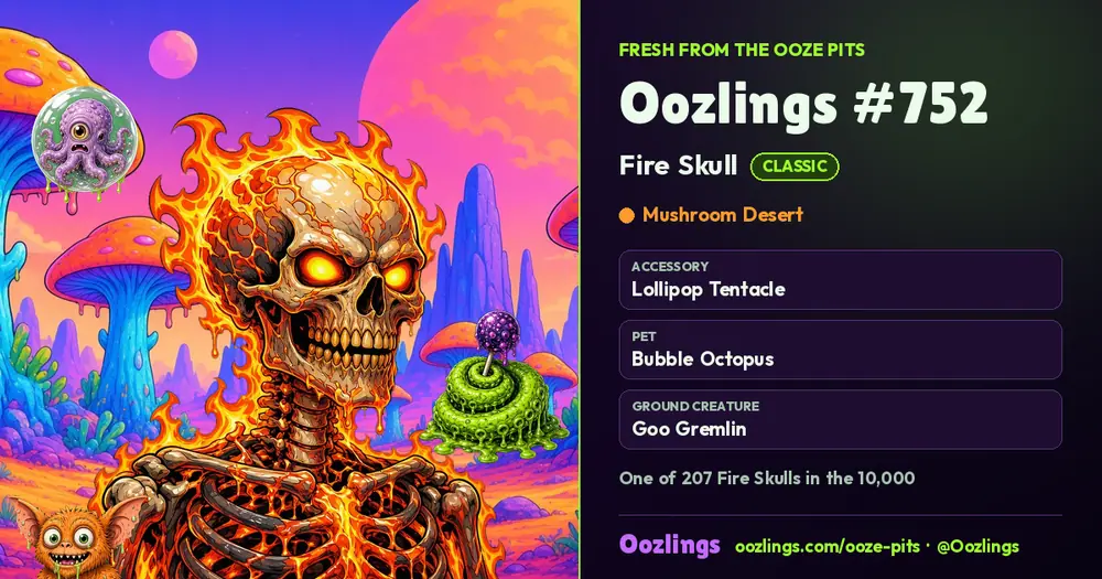 Oozlings #752, a Classic Fire Skull in Mushroom Desert