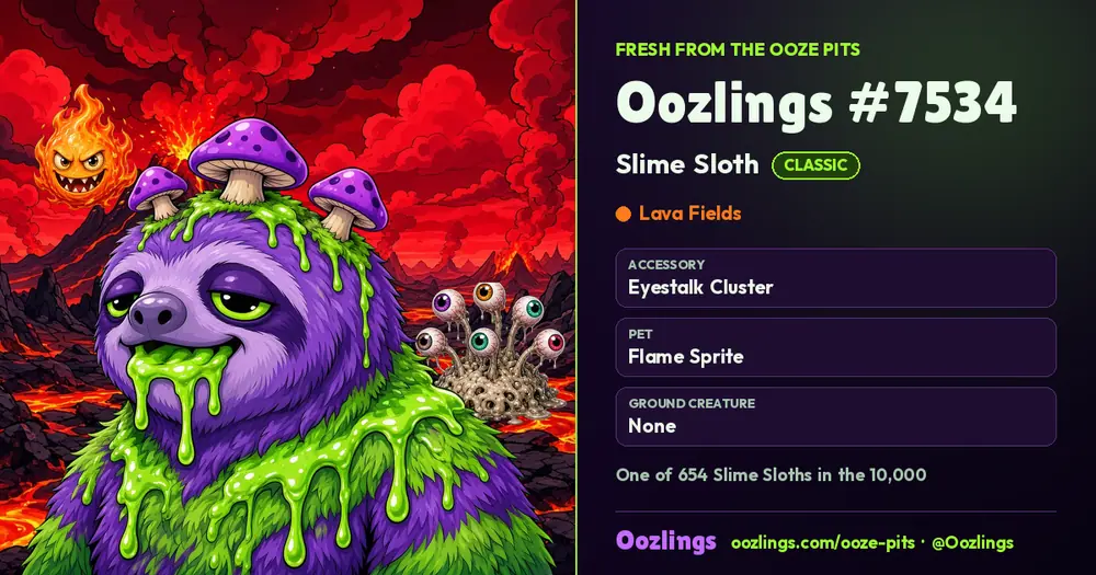 Oozlings #7534, a Classic Slime Sloth in Lava Fields