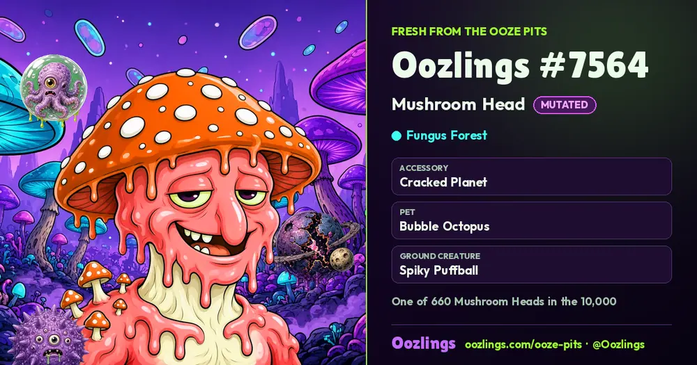 Oozlings #7564, a Mutated Mushroom Head in Fungus Forest