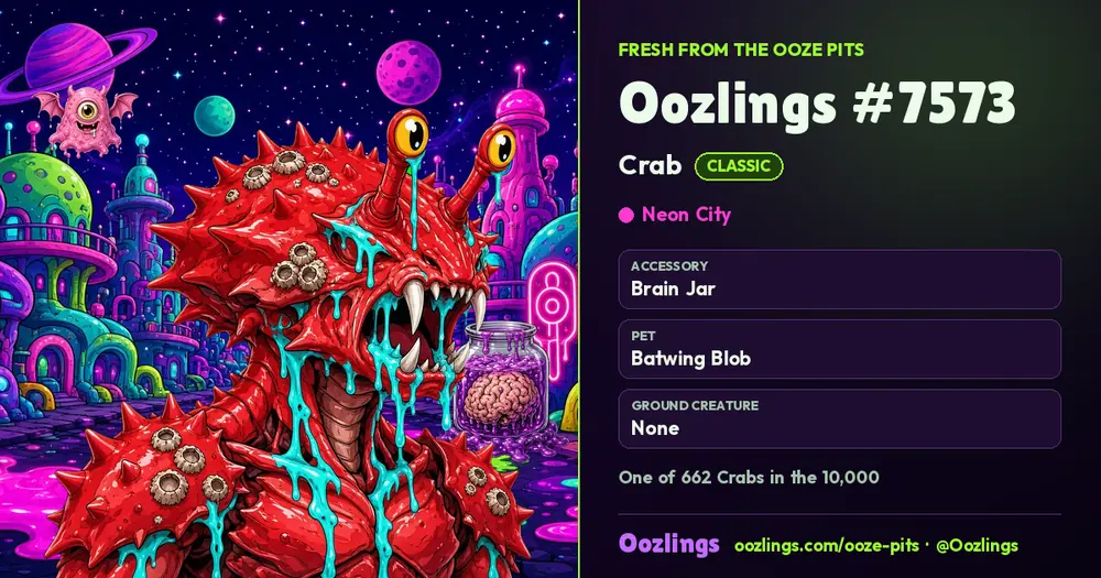 Oozlings #7573, a Classic Crab in Neon City