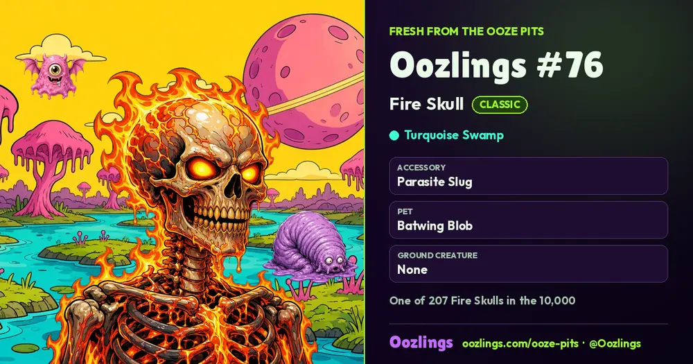 Oozlings #76, a Classic Fire Skull in Turquoise Swamp
