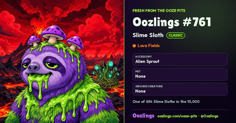 Oozlings #761, a Classic Slime Sloth in Lava Fields