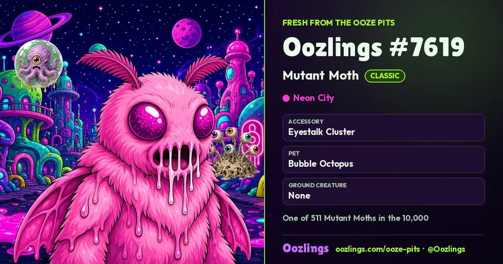 Oozlings #7619, a Classic Mutant Moth in Neon City