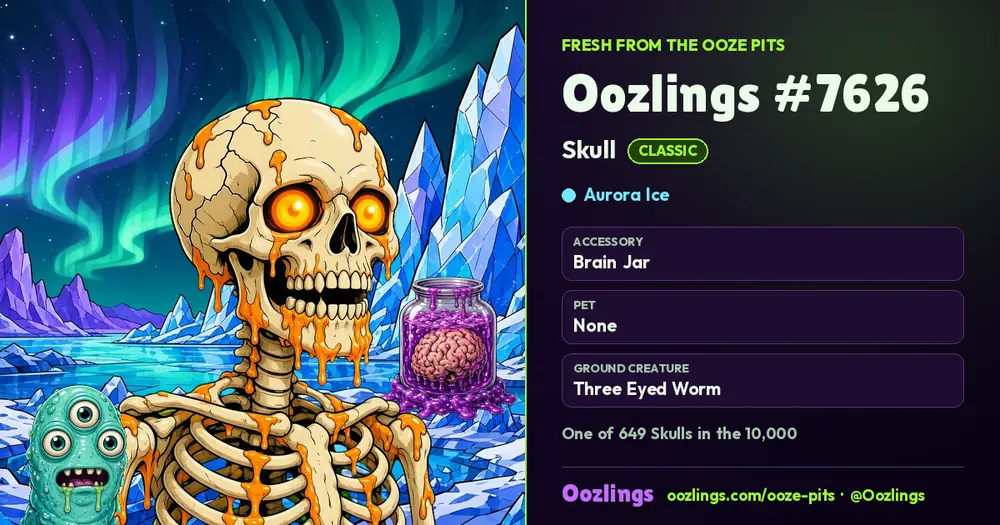 Oozlings #7626, a Classic Skull in Aurora Ice