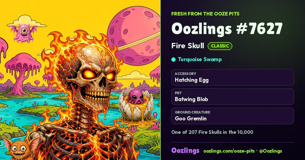 Oozlings #7627, a Classic Fire Skull in Turquoise Swamp