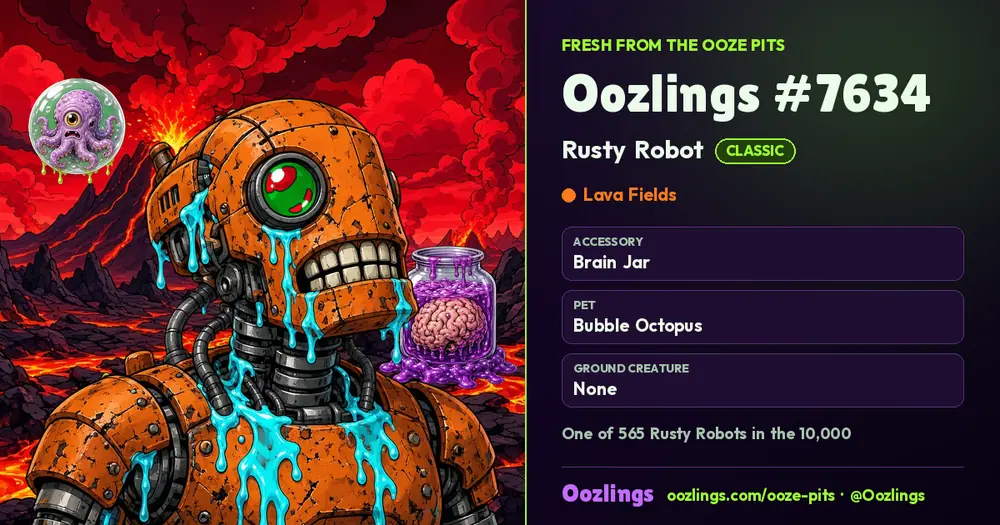 Oozlings #7634, a Classic Rusty Robot in Lava Fields
