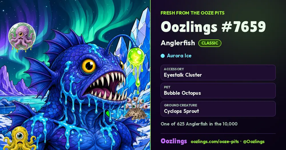 Oozlings #7659, a Classic Anglerfish in Aurora Ice