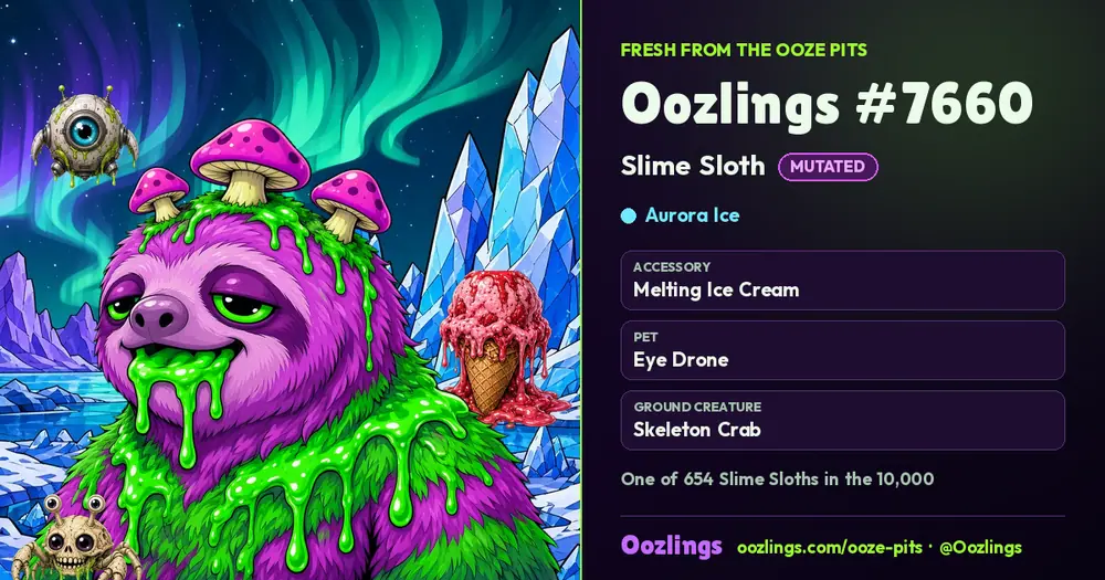 Oozlings #7660, a Mutated Slime Sloth in Aurora Ice