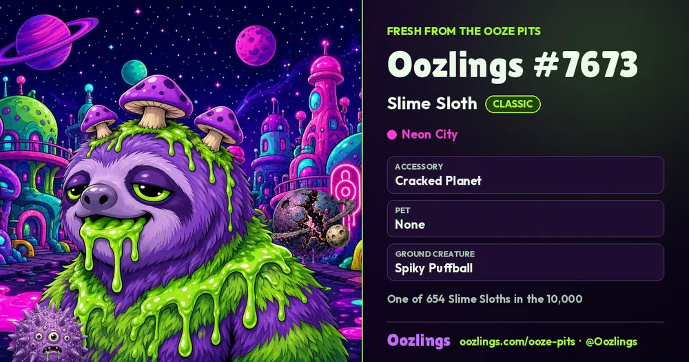 Oozlings #7673, a Classic Slime Sloth in Neon City