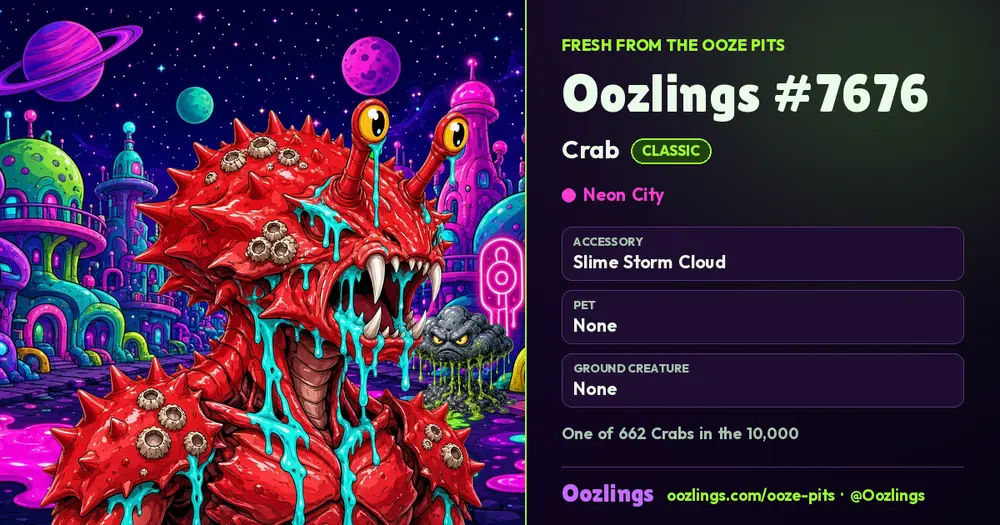 Oozlings #7676, a Classic Crab in Neon City
