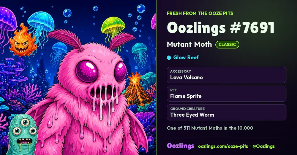 Oozlings #7691, a Classic Mutant Moth in Glow Reef