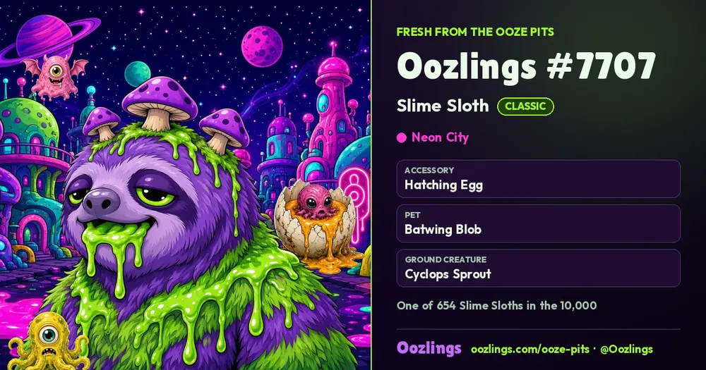 Oozlings #7707, a Classic Slime Sloth in Neon City