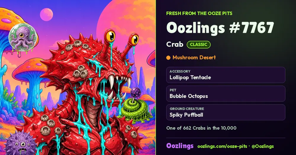 Oozlings #7767, a Classic Crab in Mushroom Desert