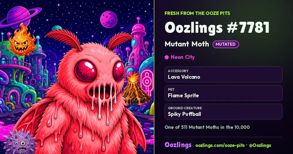 Oozlings #7781, a Mutated Mutant Moth in Neon City
